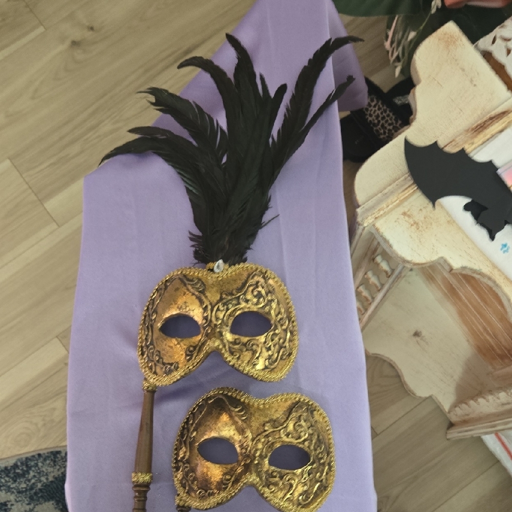 Beautiful Vintage Wayne Kleski Gold Masquerade Masks with Black Feathers
